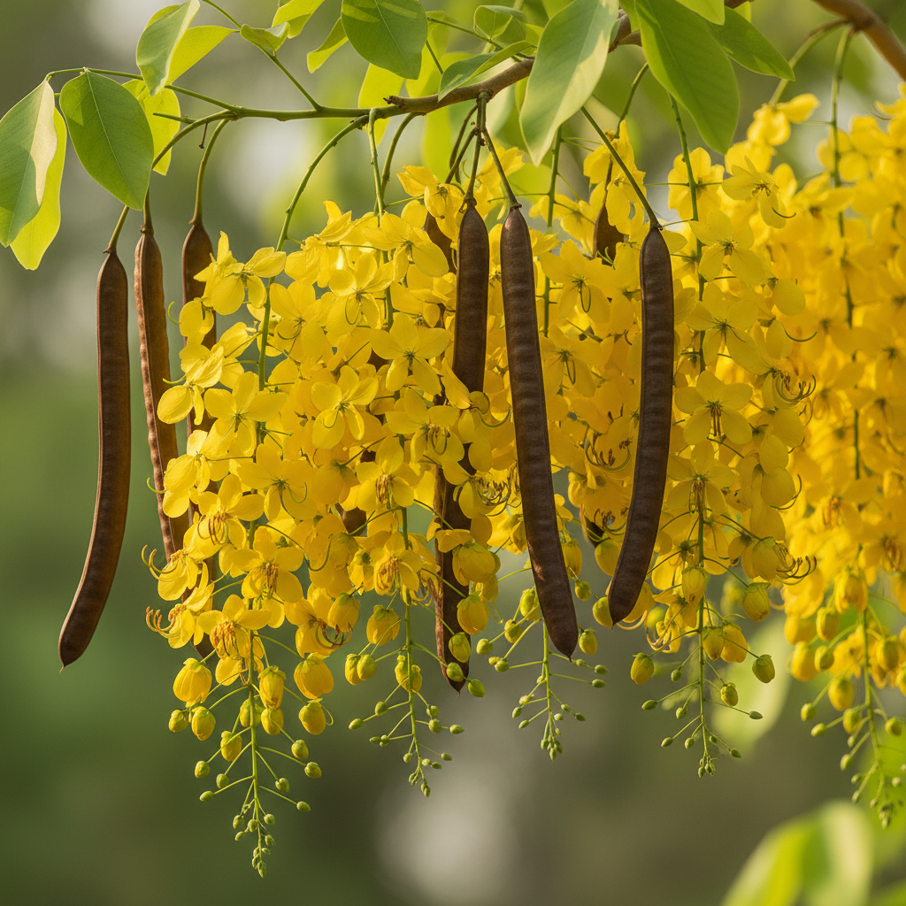 Close-up of Cassia Fistula Golden Shower Tree flowers and seed pods on green branches