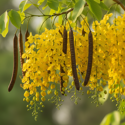 Close-up of Cassia Fistula Golden Shower Tree flowers and seed pods on green branches
