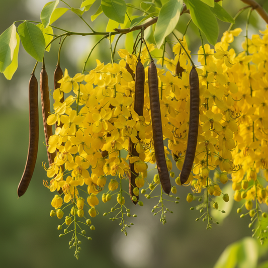 Close-up of Cassia Fistula Golden Shower Tree flowers and seed pods on green branches