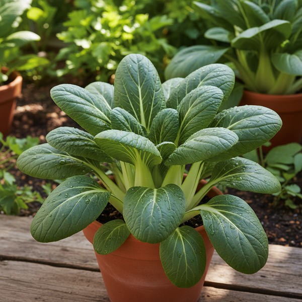 Fresh pak choy bok choy plant with crisp white stems and dark green leaves growing in a pot