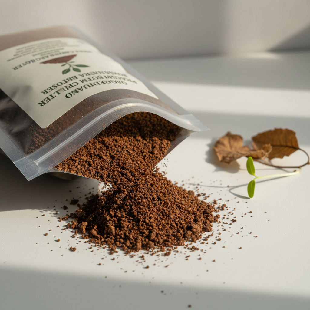 Close-up of organic mustard cake granules and powder texture