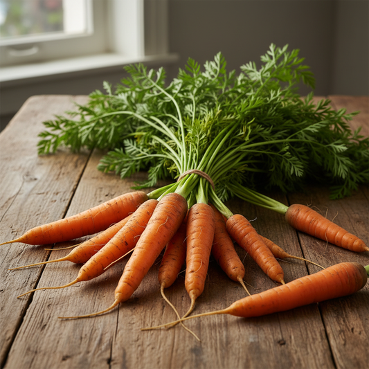 Bunch of bright orange organic carrots with green leafy tops on rustic wooden surface in natural sunlight