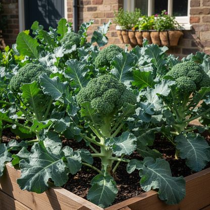 Large green broccoli heads forming on sturdy plants with broad blue-green leaves in a garden bed