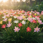 Rain Lily Zephyranthes mixed color star-shaped blooms in pink, white, yellow and red with water droplets