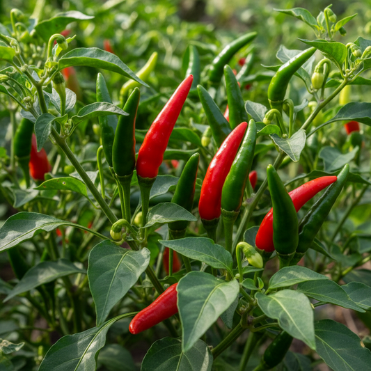 Fresh red and green chilli mirch peppers growing on a plant with lush green leaves