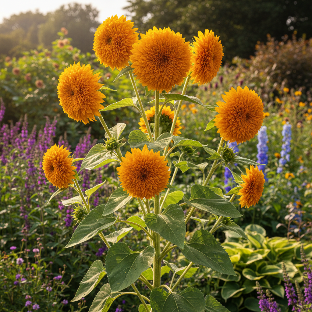 Sungold Sunflower Double Pompom Blooms in Garden