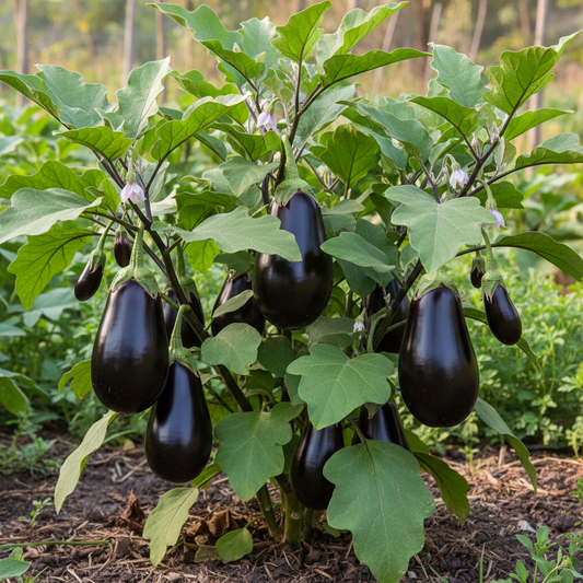 Black Hybrid Brinjal plant growing in garden with fruits