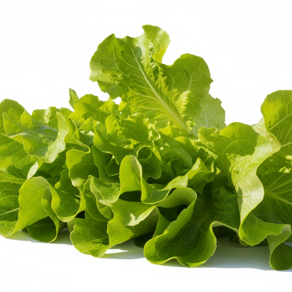 Large loose-leaf bright green Grand Rapids lettuce with frilly ruffled edges on clean white background in natural sunlight