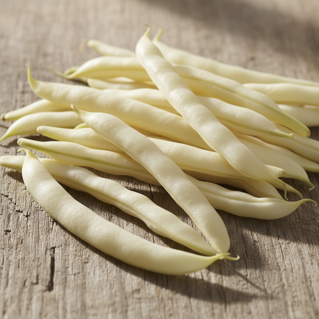 Long slender pale cream white French bean pods on rustic wooden surface in natural sunlight