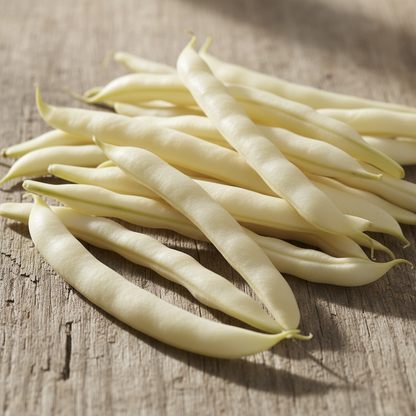 Long slender pale cream white French bean pods on rustic wooden surface in natural sunlight