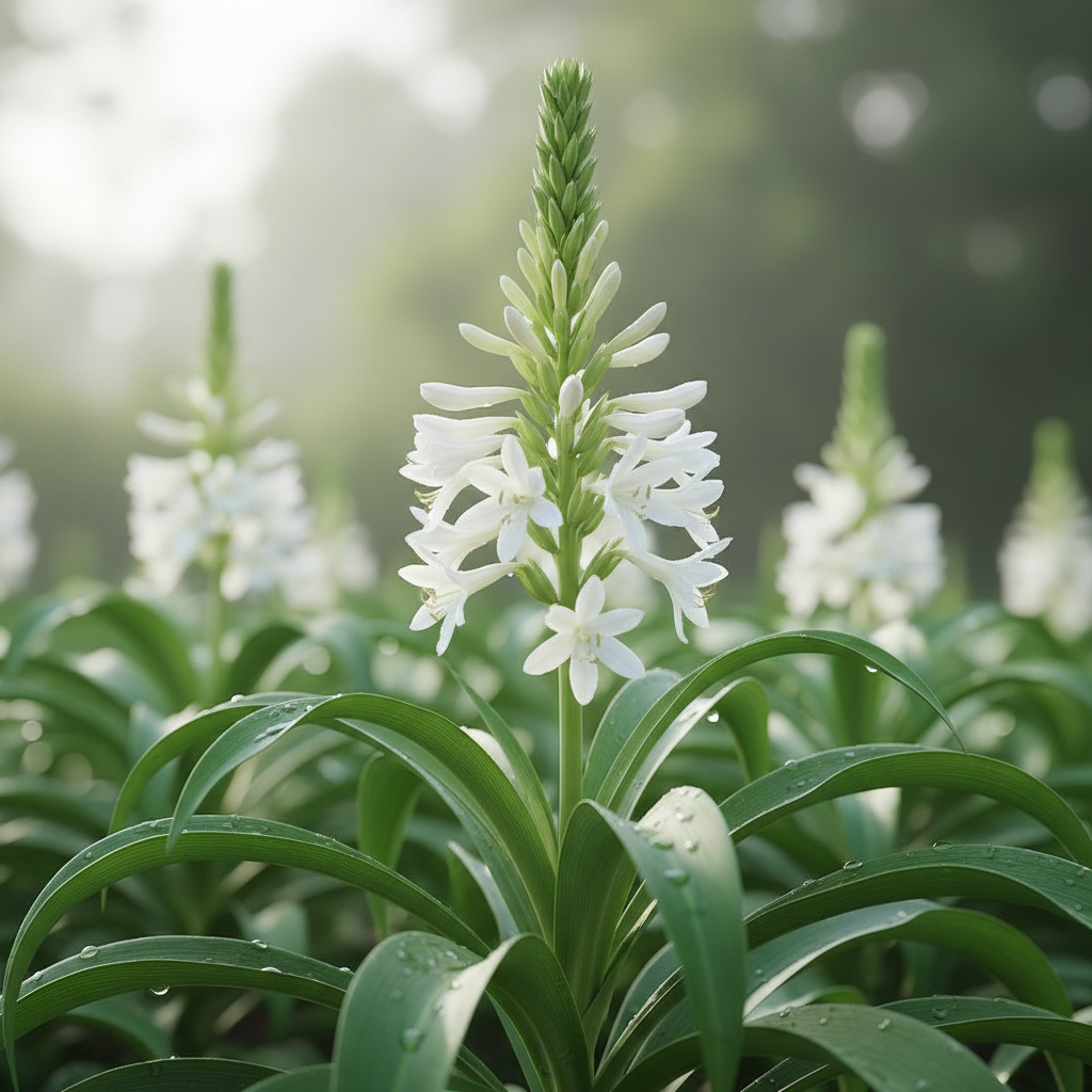 Close-up of Tuberose Rajni Gandha flower plant with tall white fragrant blooms