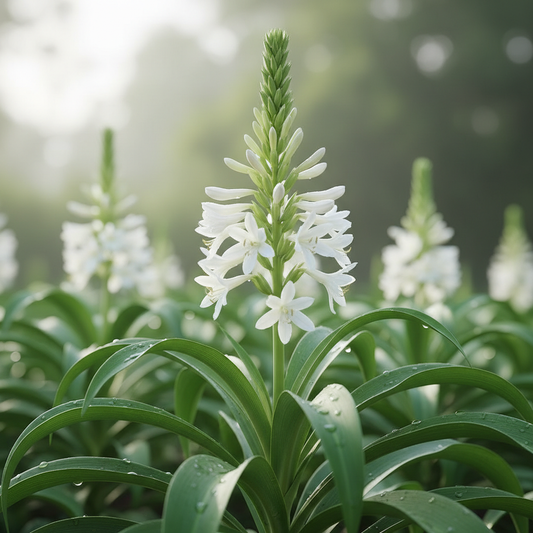 Close-up of Tuberose Rajni Gandha flower plant with tall white fragrant blooms