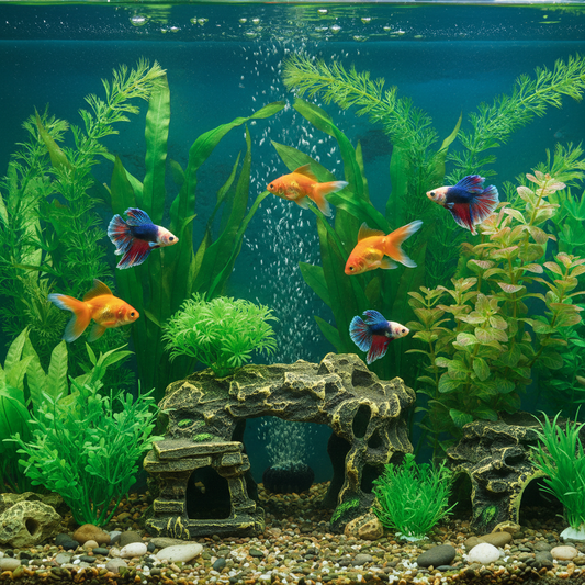 Artificial aquarium plants and rock cave in fish tank with goldfish and betta fish