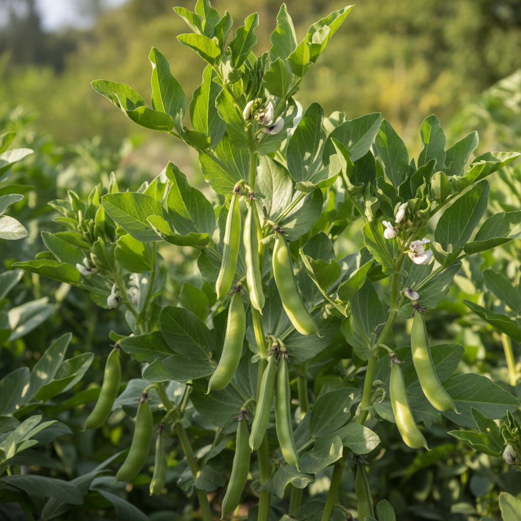 Fresh fava broad bean pods growing on a plant in a natural garden setting