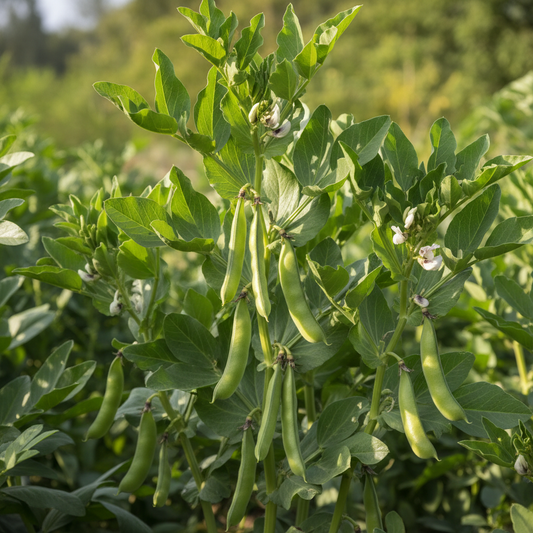 Fresh fava broad bean pods growing on a plant in a natural garden setting