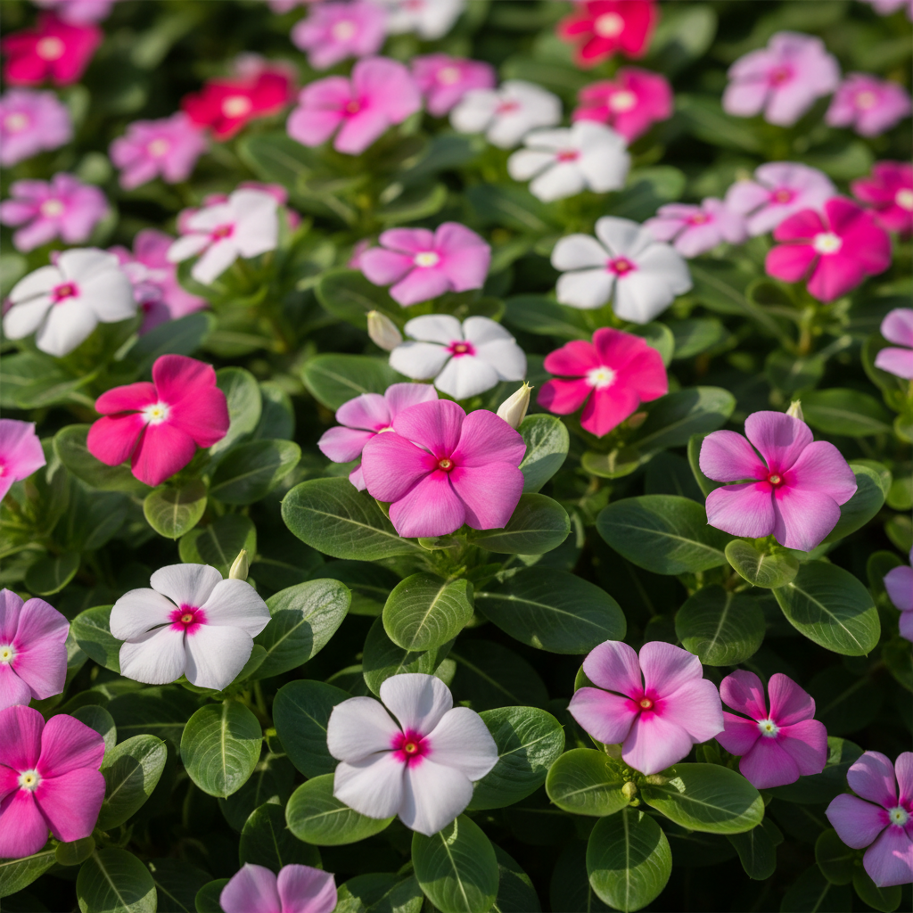 Sadabahar Vinca Rosea mixed color pinwheel blooms in hot pink, red, white and lavender close-up
