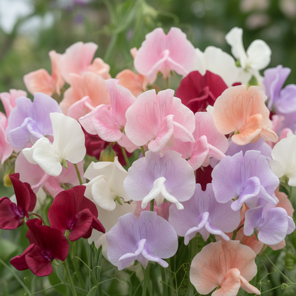 Sweet Pea Spencer Mixed Color Ruffled Hybrid Flowers Close-up