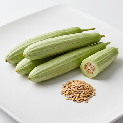 Fresh long melon kakri fruits and seeds on a clean white surface, one sliced open showing white flesh