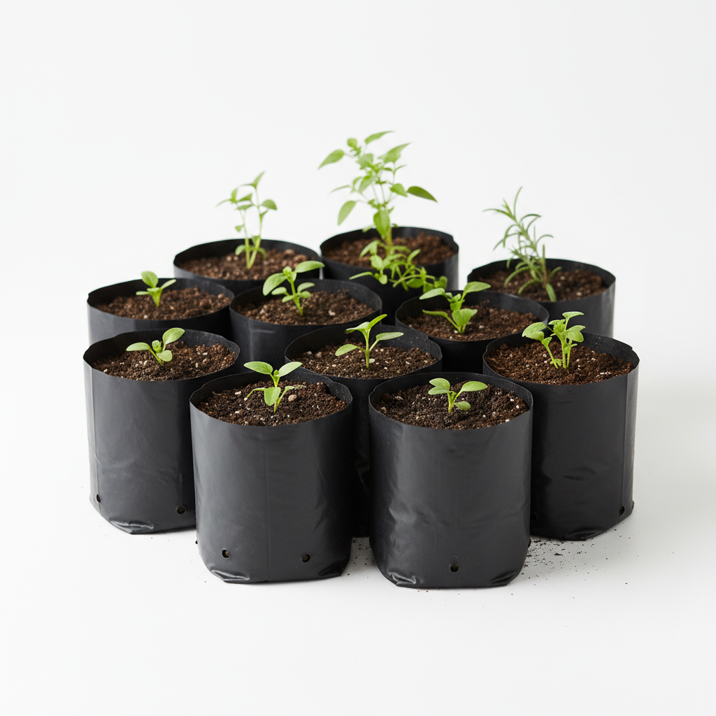 Multiple black UV-protected poly grow nursery bags arranged together