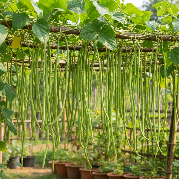 Yard long beans lobia chawli hanging in clusters on a climbing vine on a trellis