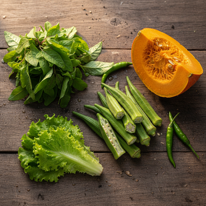 Flat lay of 5 vegetables — lady finger, pumpkin, chaulai amaranth, lettuce and pepper on rustic wooden surface