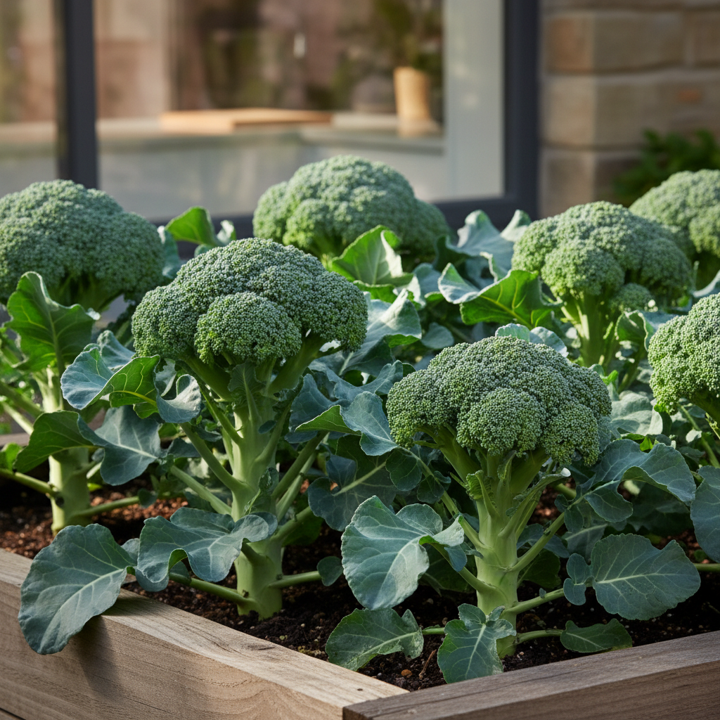 Large uniform green hybrid broccoli heads on sturdy plants with broad blue-green leaves in a neat garden bed