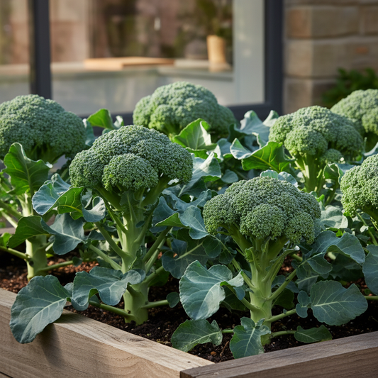 Large uniform green hybrid broccoli heads on sturdy plants with broad blue-green leaves in a neat garden bed