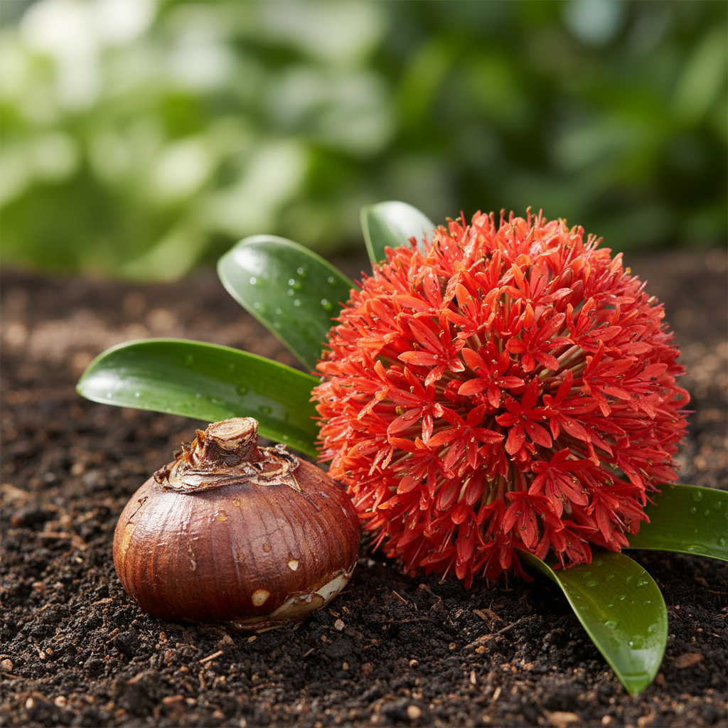 Football Lily bulb and its stunning red globe-shaped bloom on garden soil