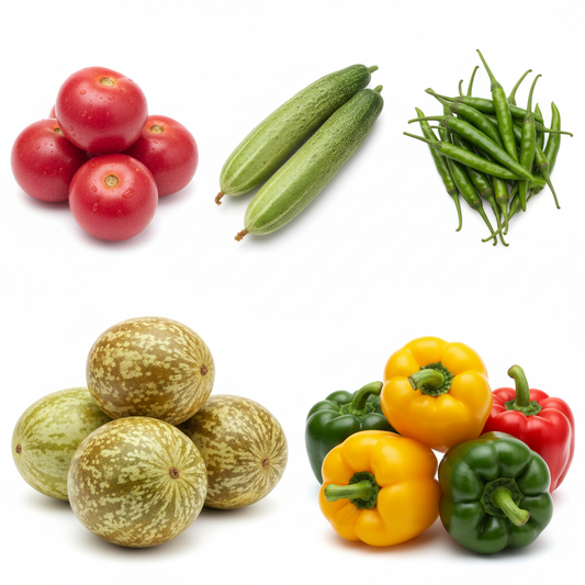 All 5 desi vegetables in one image — kachariya, kakri, pepper, kachri and capsicum combo pack