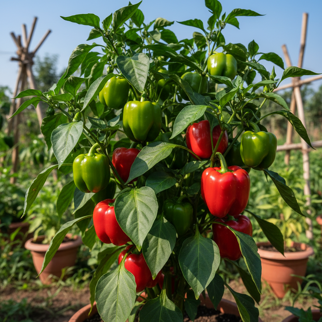 Capsicum shimla mirch plant with bright green and red bell peppers growing on a bushy plant