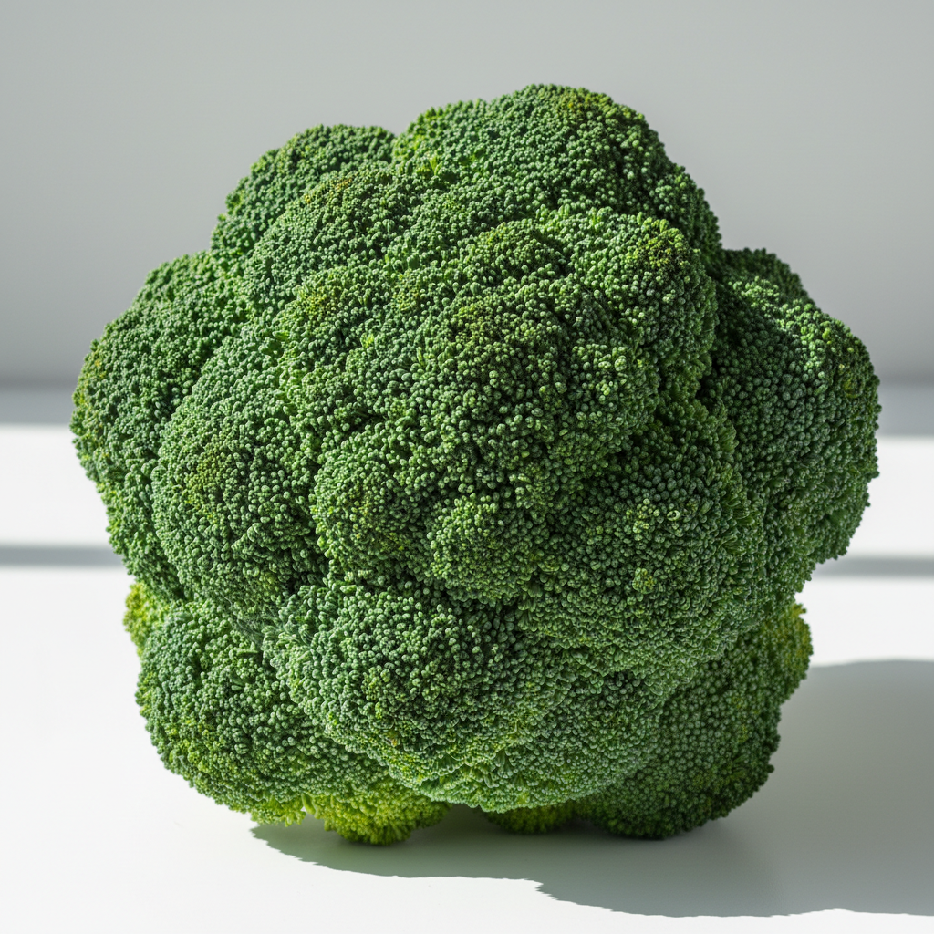 Large perfectly formed dense green hybrid broccoli head with tight florets, fresh and vibrant