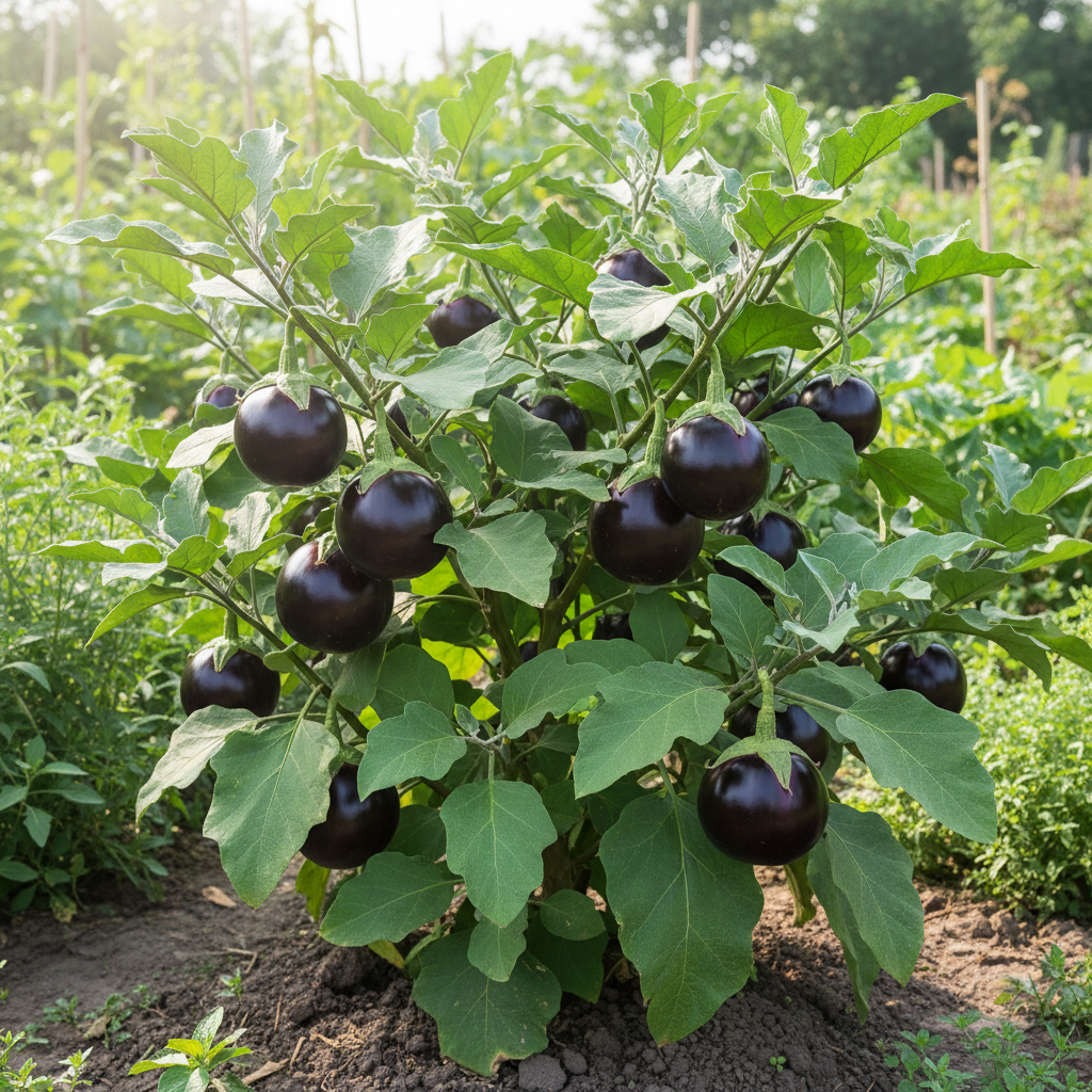 Round Brinjal Gol Baingan plant growing in garden with purple fruits