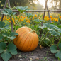 Large ripe desi kaddu pumpkin growing on a vine with broad green leaves in a natural garden setting