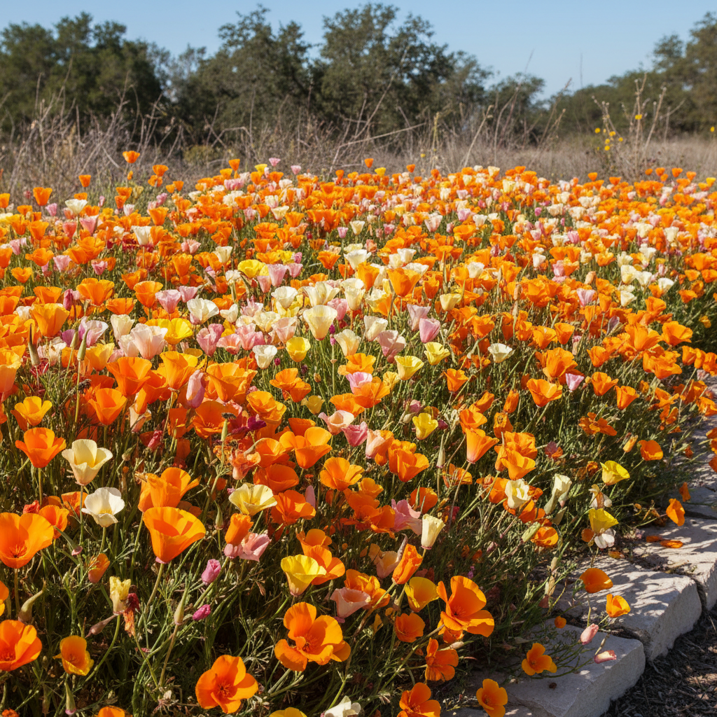 Masses of California Poppy flowers in mixed colors blooming freely in a sunny wildflower garden
