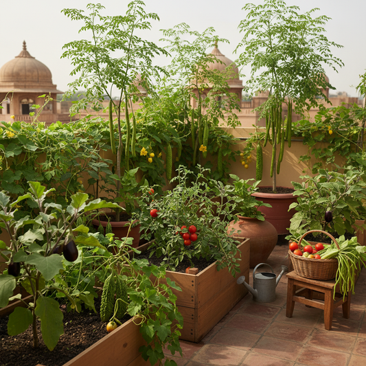 Lush Indian kitchen garden with brinjal, tomato, moringa, cluster beans and bitter gourd plants growing on sunny terrace