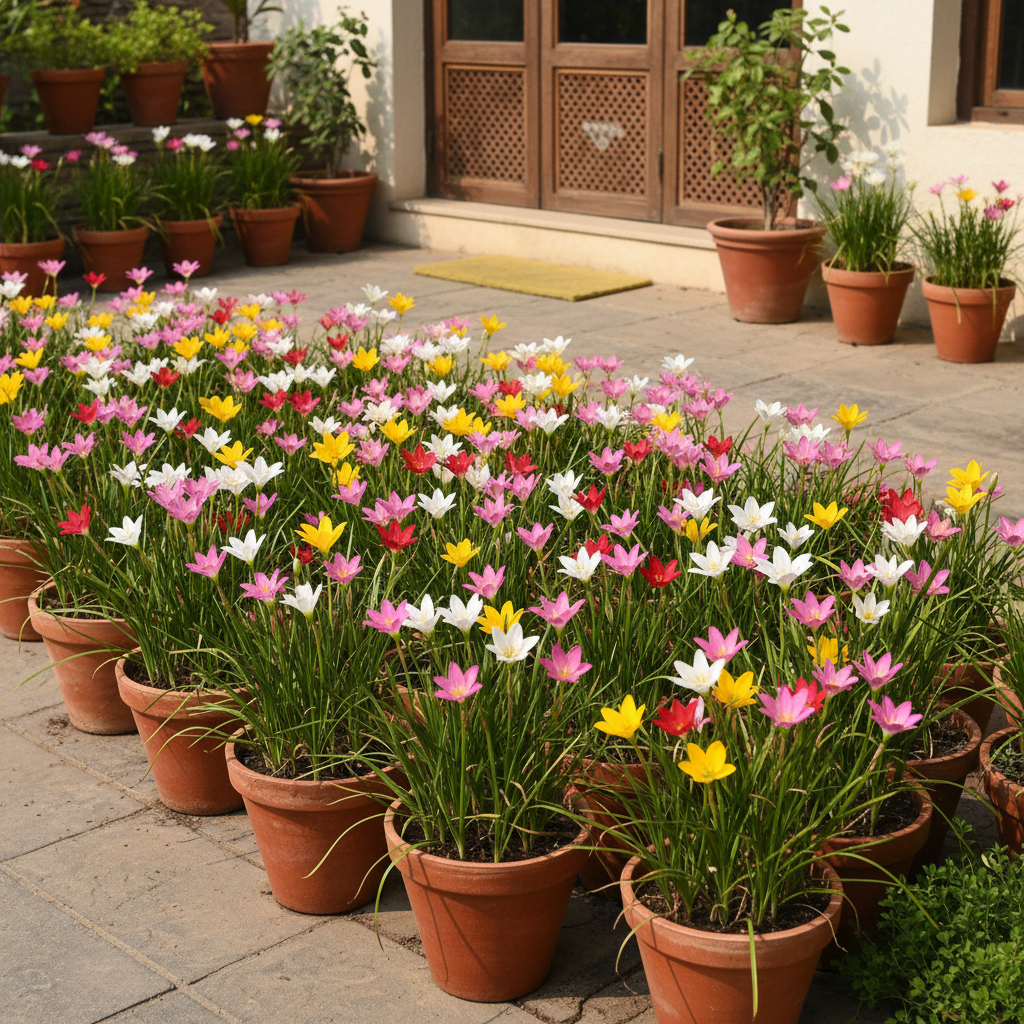 Rain Lily Zephyranthes mixed color flowers growing in terrace pots and garden borders in an Indian home garden