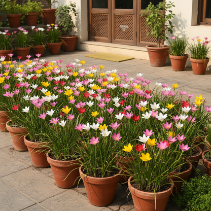 Rain Lily Zephyranthes mixed color flowers growing in terrace pots and garden borders in an Indian home garden