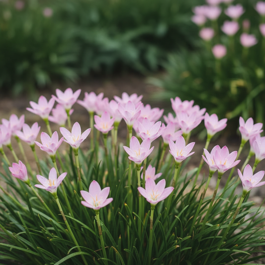 Rain Lily flowers in full bloom with delicate pink and white cup-shaped flowers