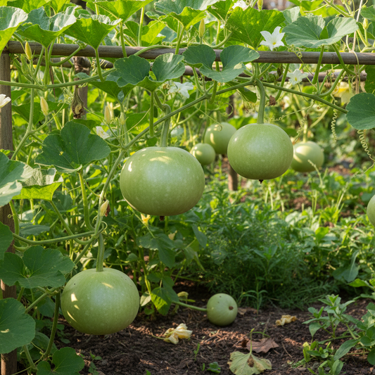 Round Bottle Gourd Gol Ghiya plant growing on vine in garden