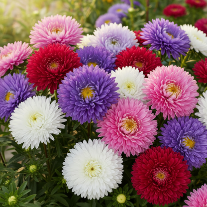 Large double Aster Princess hybrid flowers in mixed colors of pink, purple, white and lavender with yellow centers blooming in a garden