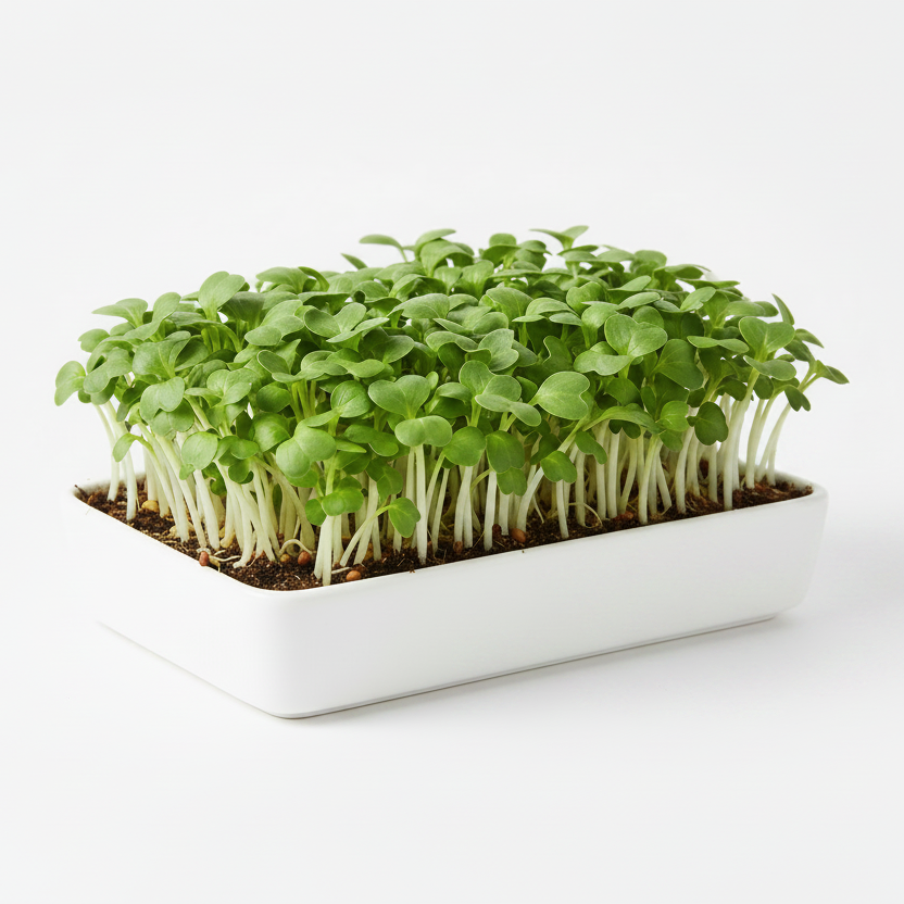 Fresh pak choi microgreens growing in a tray, broad green leaves with white stems