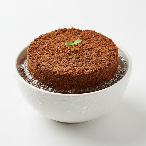 Cocopeat agropeat coin expanding in water with a tiny green seedling sprouting from the centre