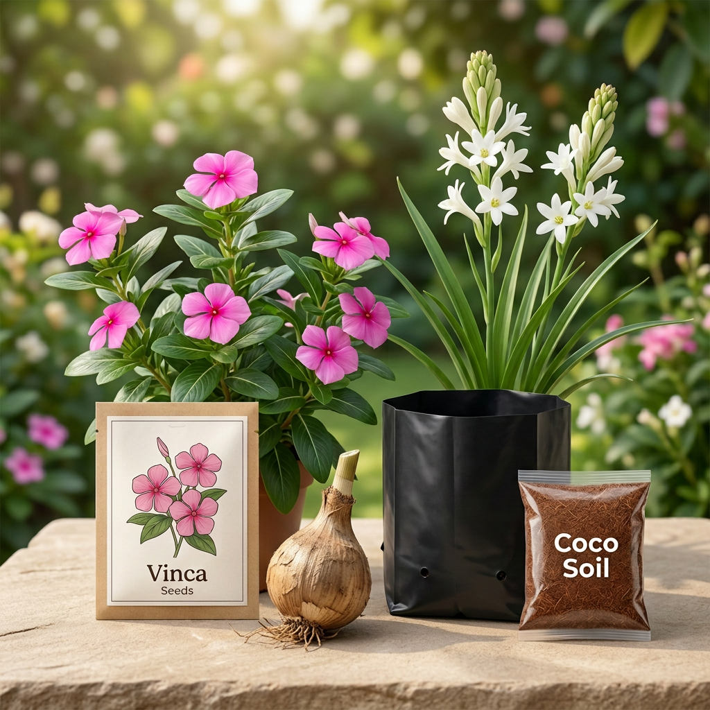Revised combo image with corrected tuberose bulb shape and a larger black grow bag